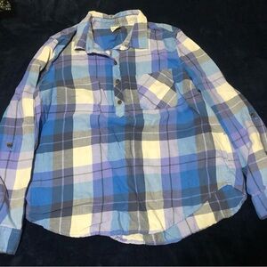 Faded Glory Blue Plaid Roll Tab Sleeve Henley Top